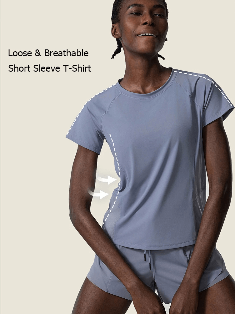 Woman wearing breathable, loose-fit nylon gym wear for yoga and running, showcasing short sleeve top and shorts, SF2081 collection.